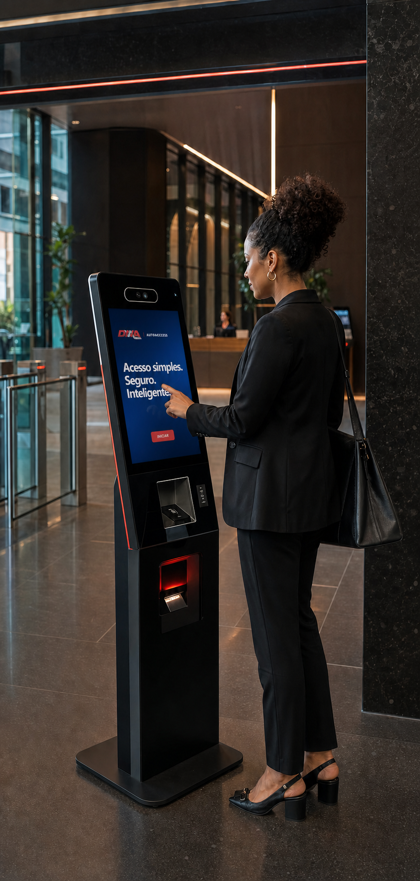 Pessoa utilizando totem DNA AutoAccess para cadastro e liberação de acesso em prédio comercial